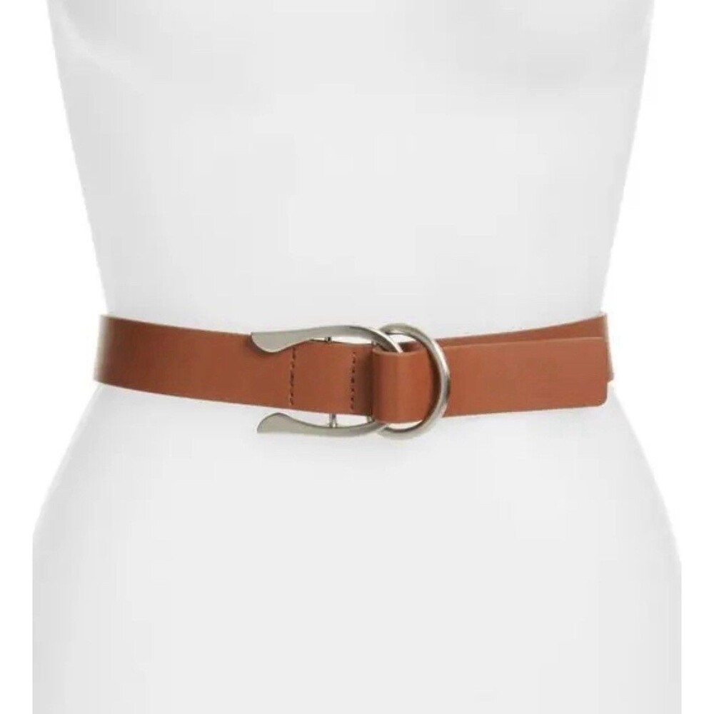 Nordstrom Wishbone Pullback Leather Belt Silver Hardware Caramel Color Sz S/M